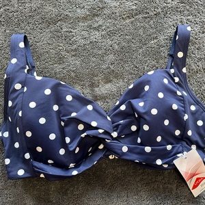 Lands End Swim Bikini top, Navy blue/ white polka dot underwire, size 12, NWT.